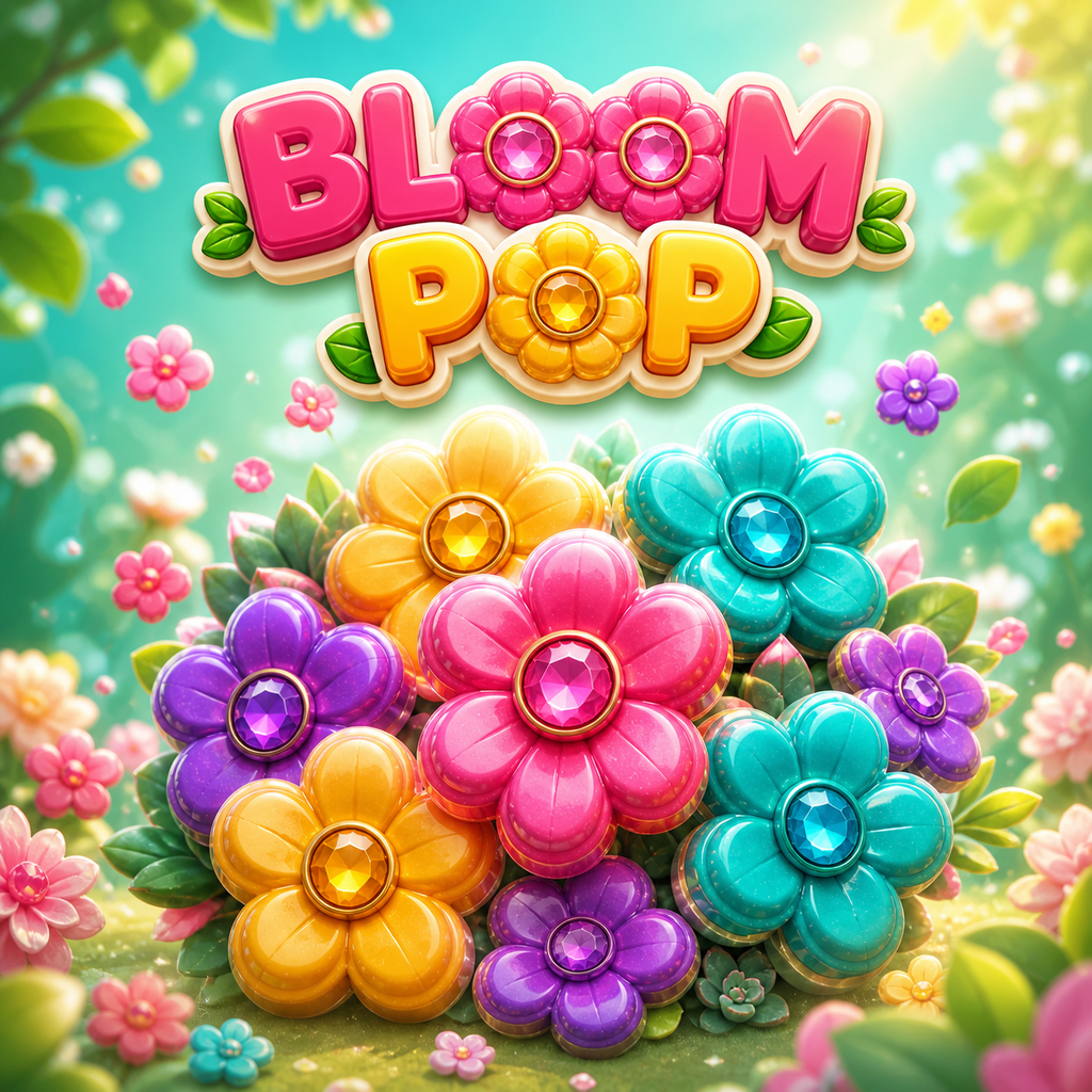 Bloom Pop square promotional artwork with colorful flower puzzle tokens and a candy-colored game logo